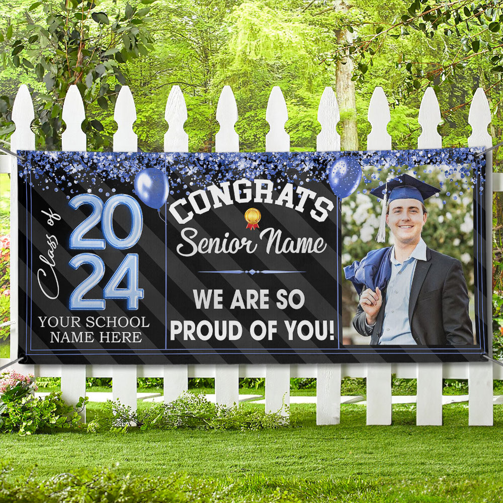 Personalized Congrats 2024 Senior Photo Multicolor Glitter Balloon Banner, Graduation Decoration Gift