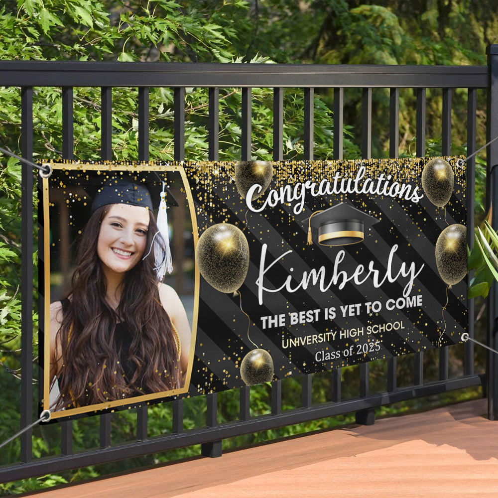 Custom Photo Congratulations Black & Gold Graduation Banner, Graduation Decorations FC