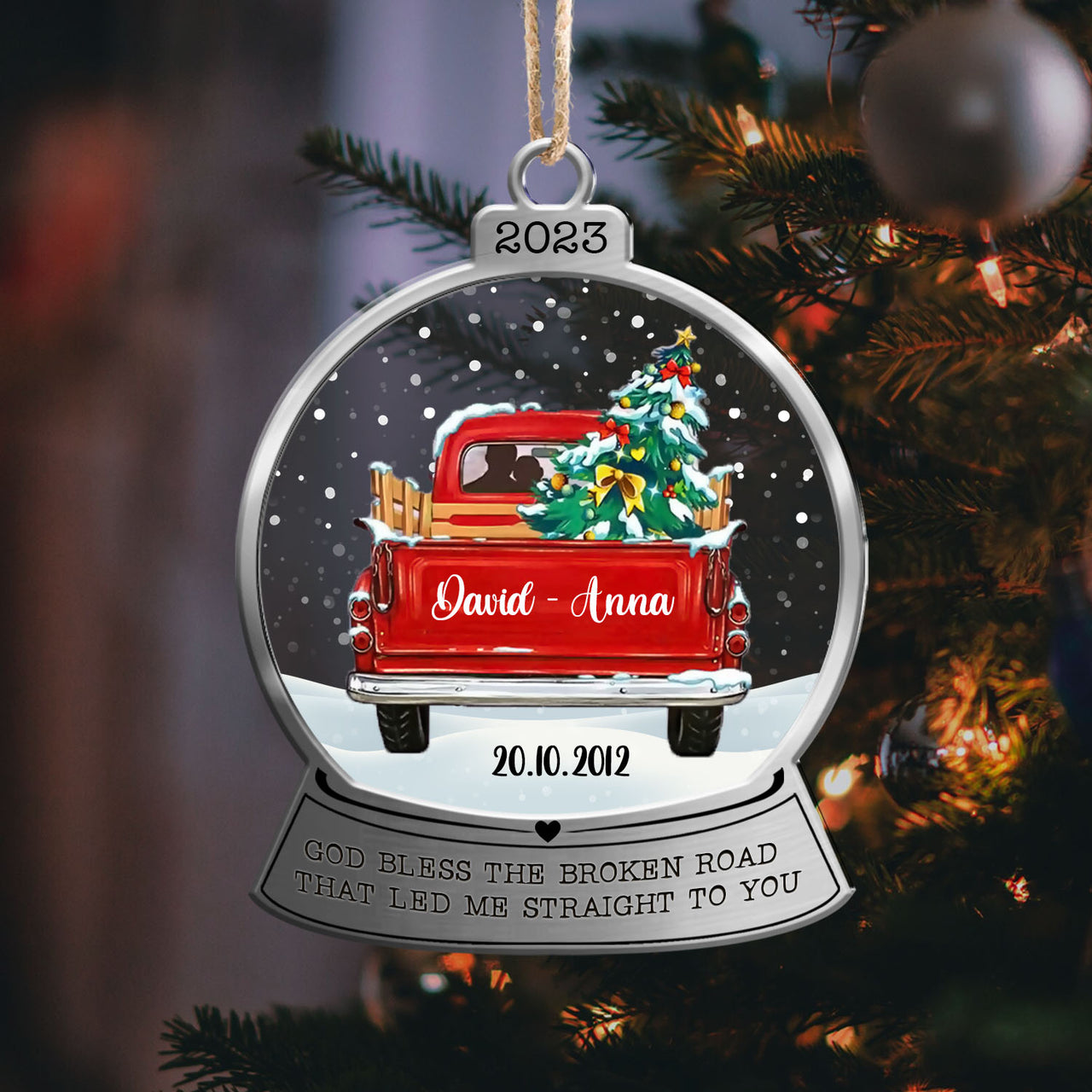 Personalized Christmas Couple Red Truck Printed Acrylic Ornament, Gift For Lovers, Husband & Wife AC