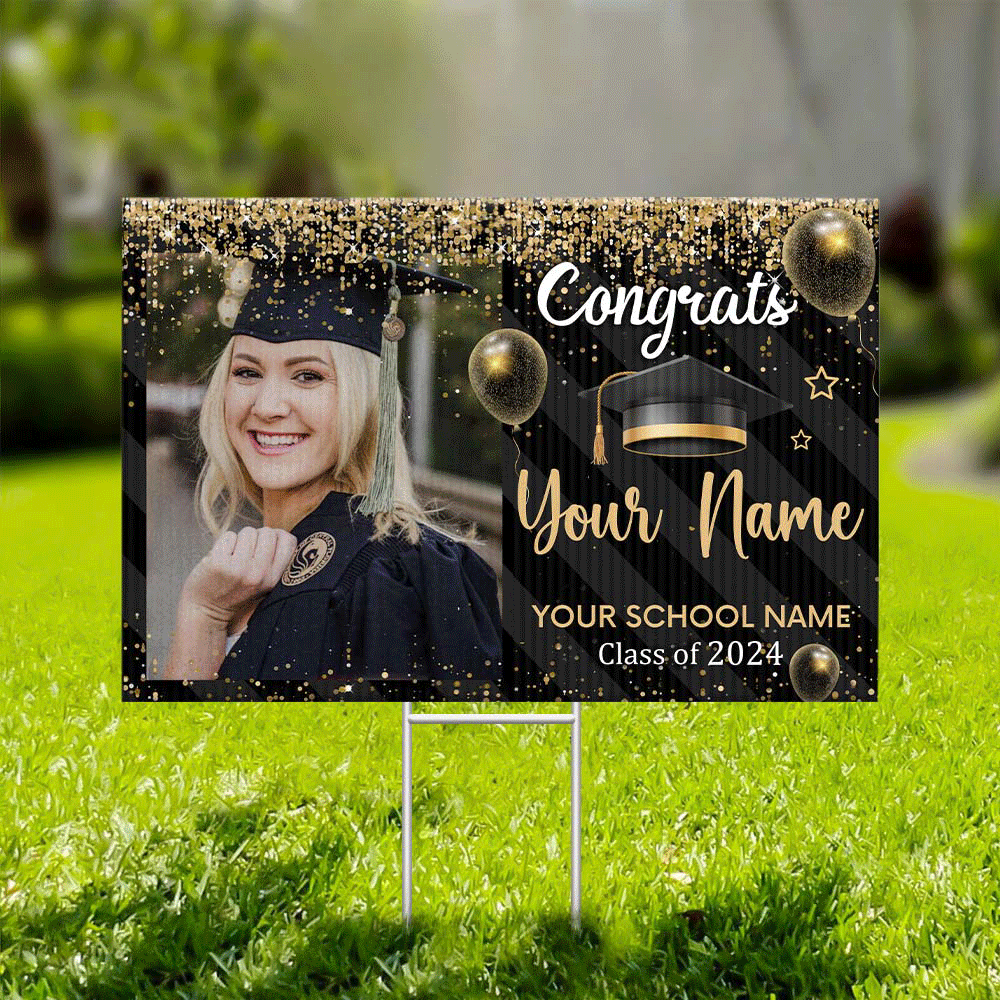 Custom Photo Congratulations Black & Gold Graduation Lawn Sign, Graduation Decorations FC