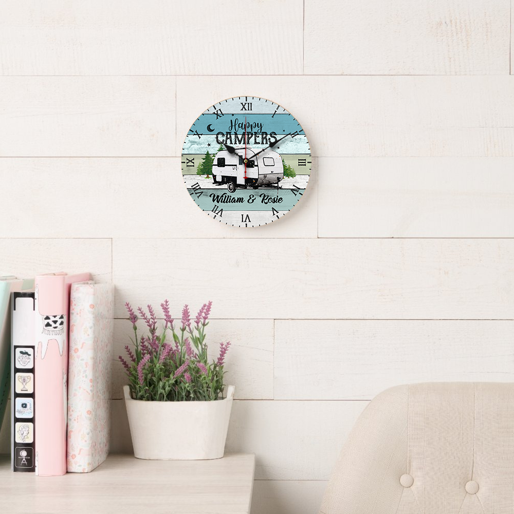Custom RV Photo Happy Campers Camping Wall Wooden Clock, Gift For Camper AH
