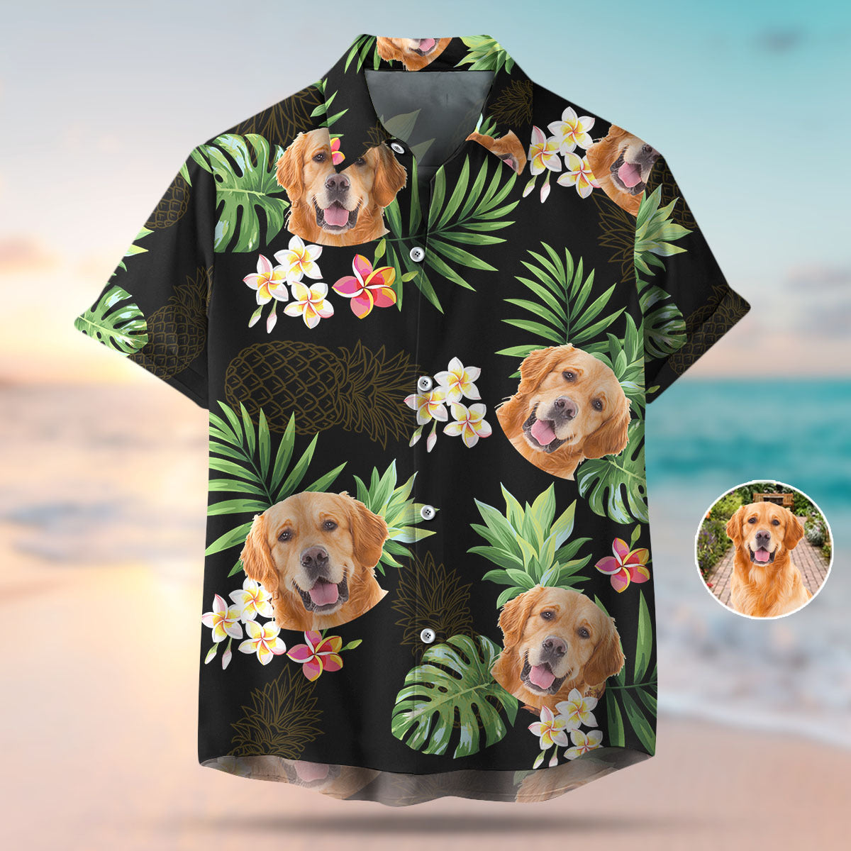 Custom Pet Face Photo Black Hawaiian Shirt, Palm Leaves Tropical AI