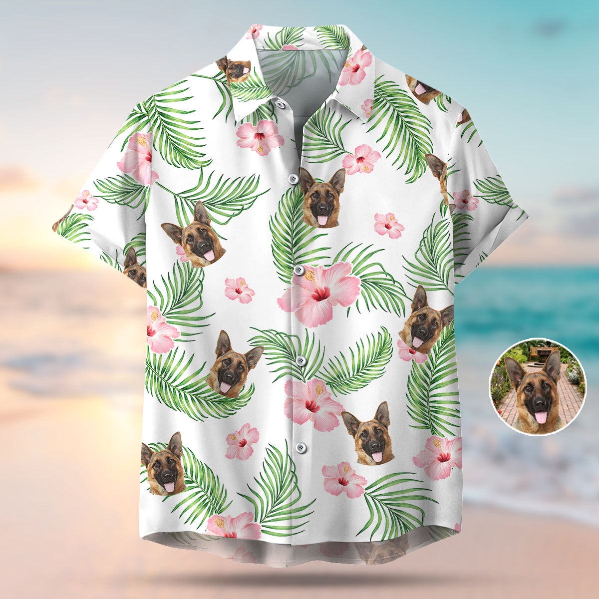 Custom Pet Face Photo White Hawaiian Shirt, Palm Leaves AI