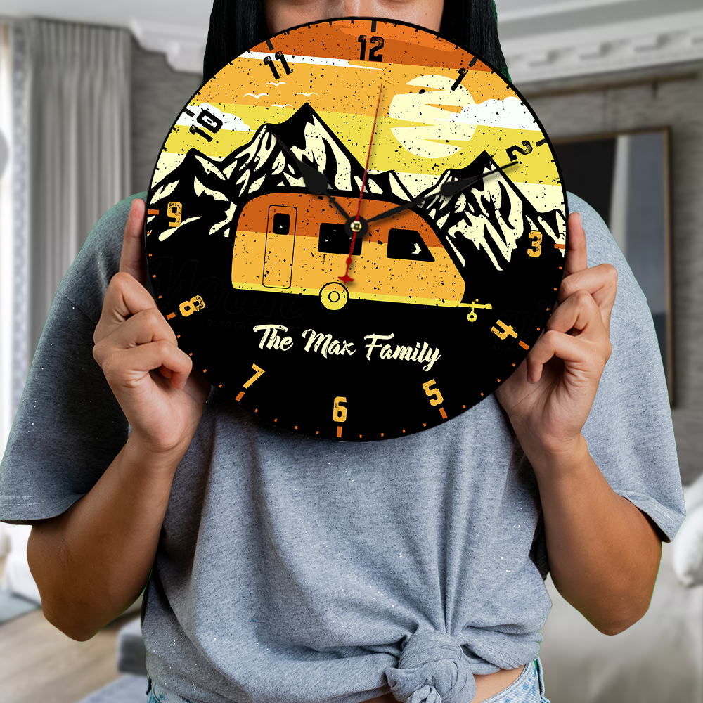 Custom Retro Vintage Mountain Camping Photo Wall Wood Clock, Gift For Camper AH