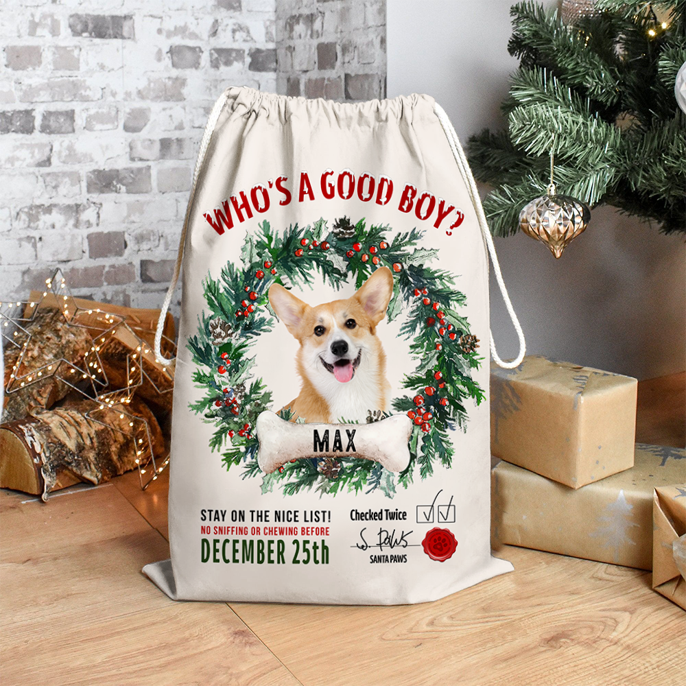 Custom Dog Photo & Bone With Wreath Christmas Bag, Christmas Gift AB