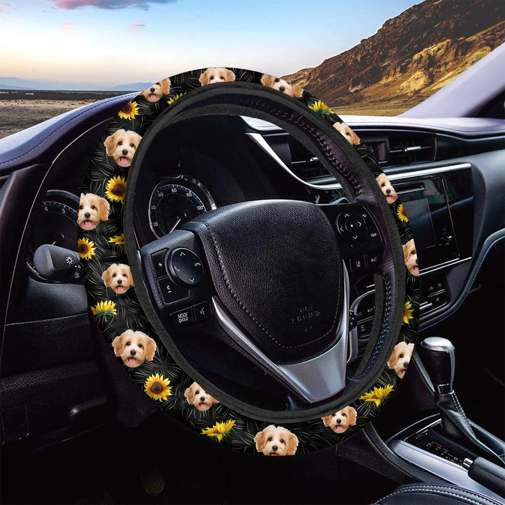 Personalized Dog Cat Face Sunflower Pattern Steering Wheel Cover, Pet Lover Gift JonxiFon