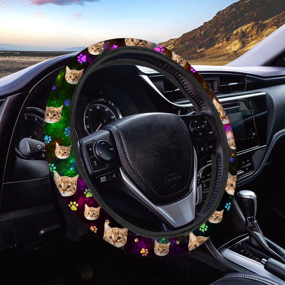 Custom Neon Pawprints Dog Cat Photo Car Steering Wheel Cover, Pet Lover Gift JonxiFon