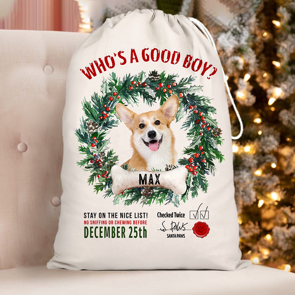 Custom Dog Photo & Bone With Wreath Christmas Bag, Christmas Gift AB