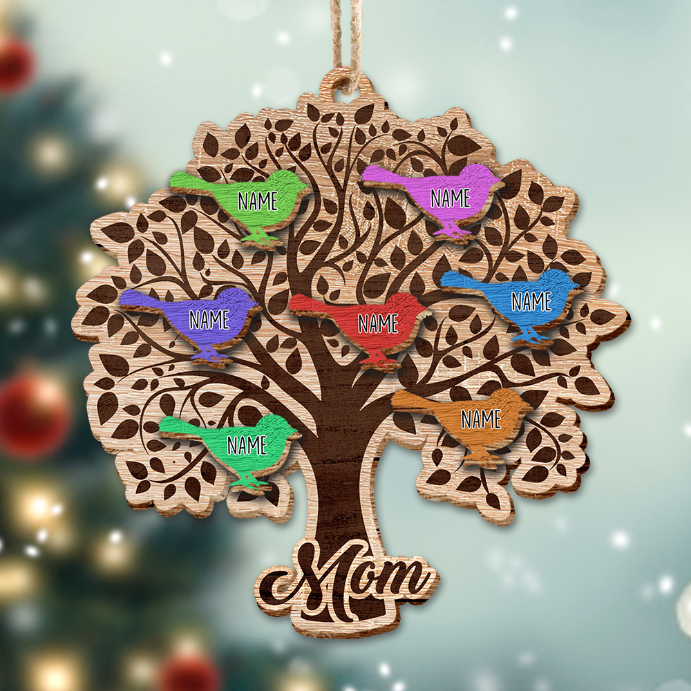 Personalized Family Tree Bird Grandkids Grandma Christmas Layered Wood Ornament , Christmas Gift For Family AE
