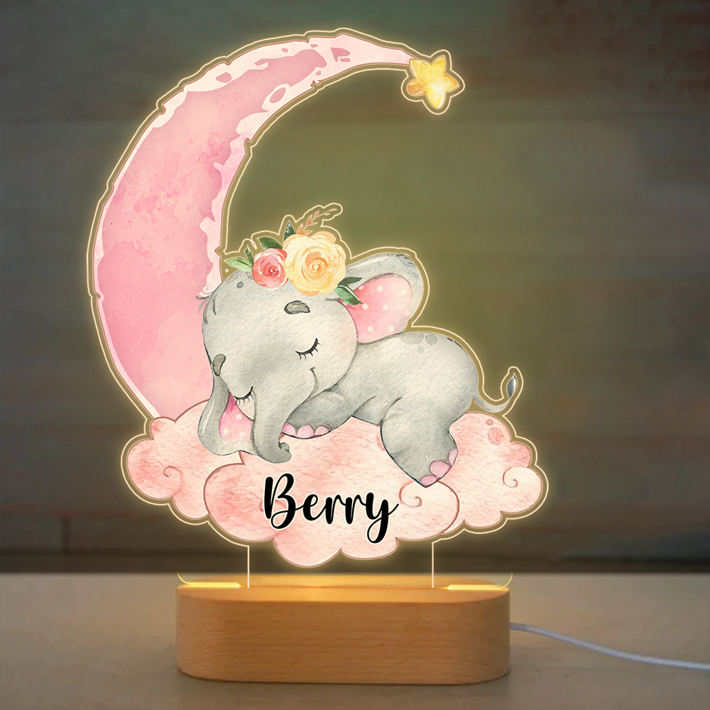 Custom Sleeping Baby Elephant Kid Lamp With Wooden Oval Stand, Gift For Baby AC