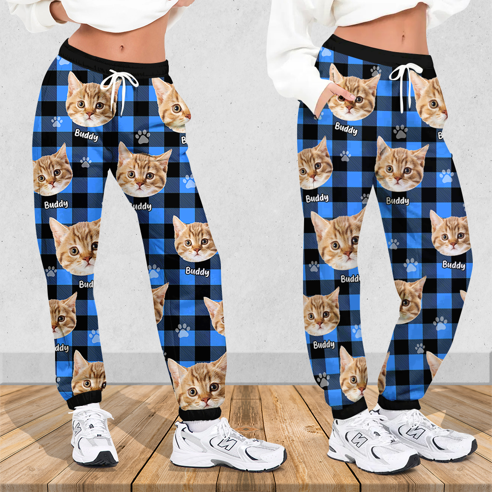 Pet Photo With Name Multicolor Buffalo Plaid Sweatpants, Custom Gift For Men and Women AB
