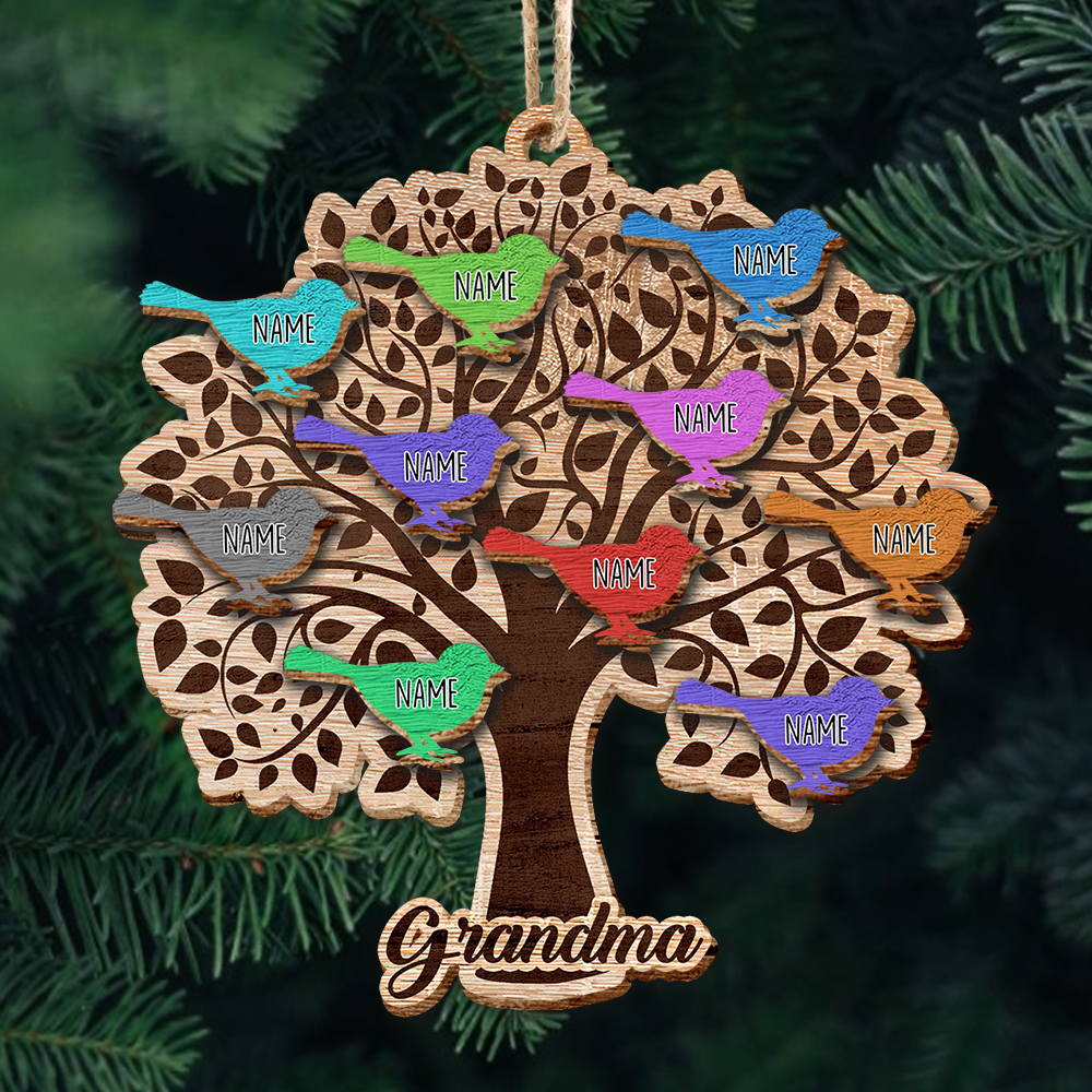 Personalized Family Tree Bird Grandkids Grandma Christmas Layered Wood Ornament , Christmas Gift For Family AE