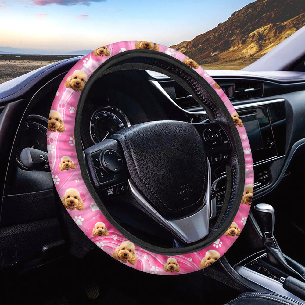Custom Sparkling Marble Dog Cat Photo Car Steering Wheel Cover, Pet Lover Gift JonxiFon