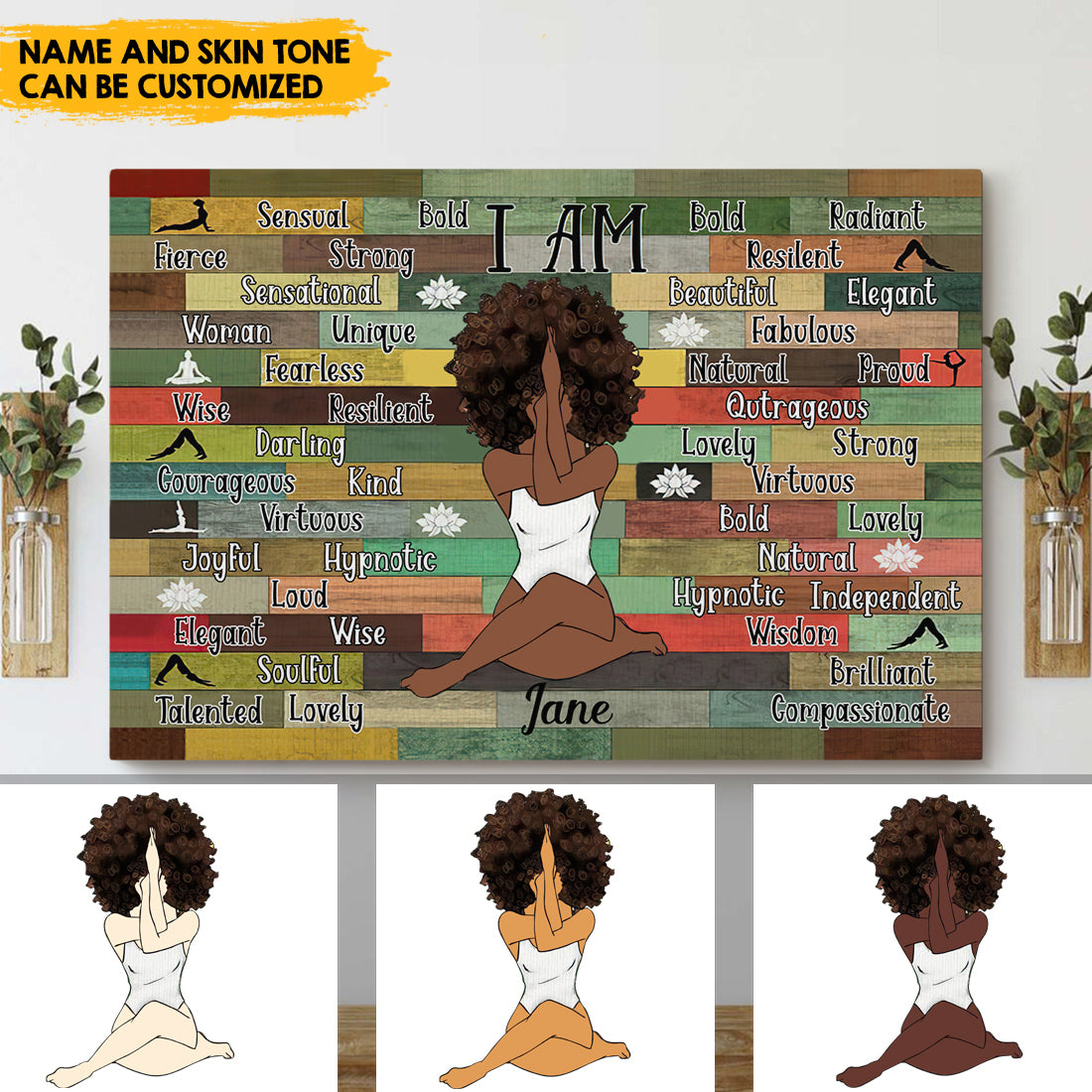Afro Girl Yoga Vintage - Customized Name And Skintone Canvas AK