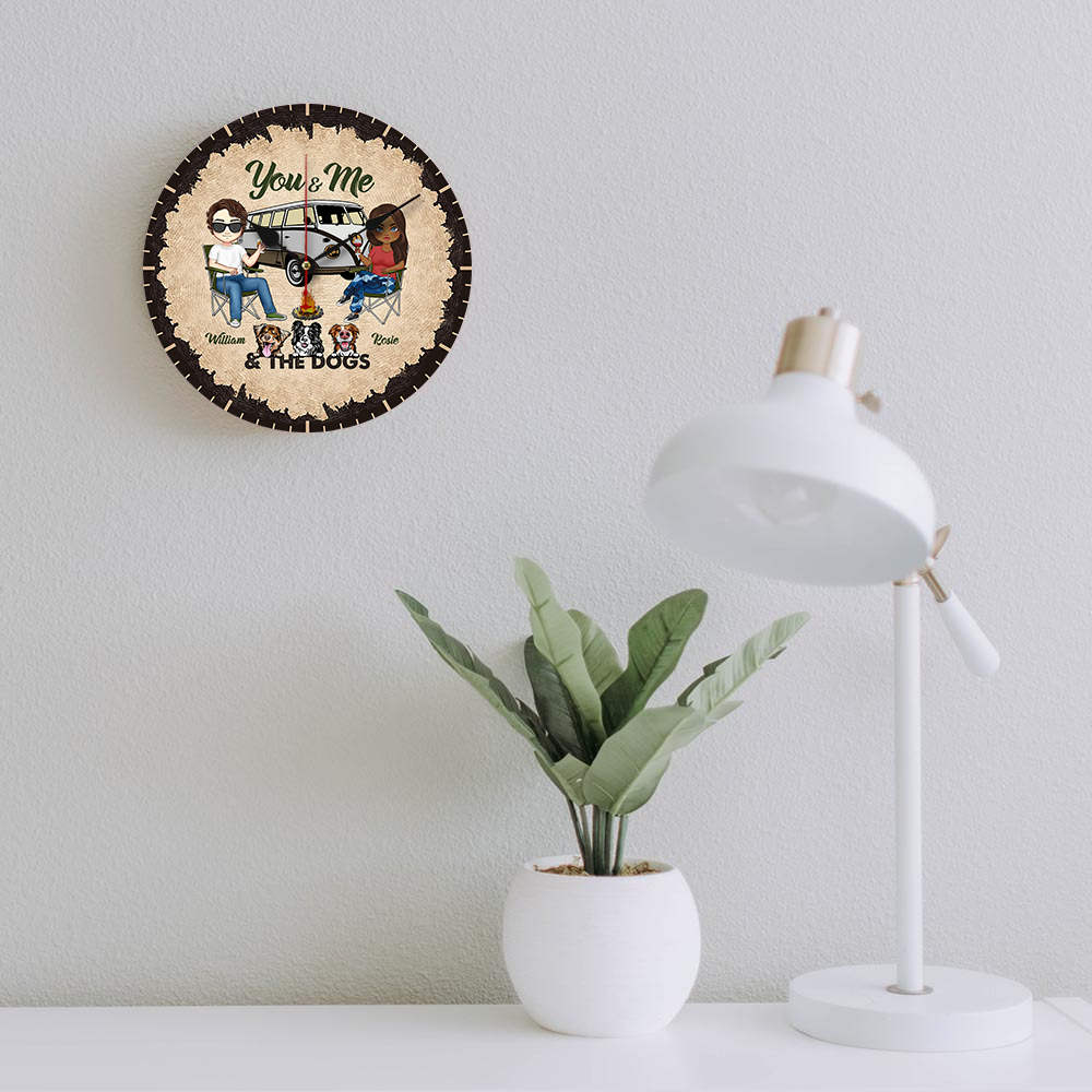 Personalized Camping Couple And The Dogs Wall Wooden Clock, Gift For Dog Lovers AH