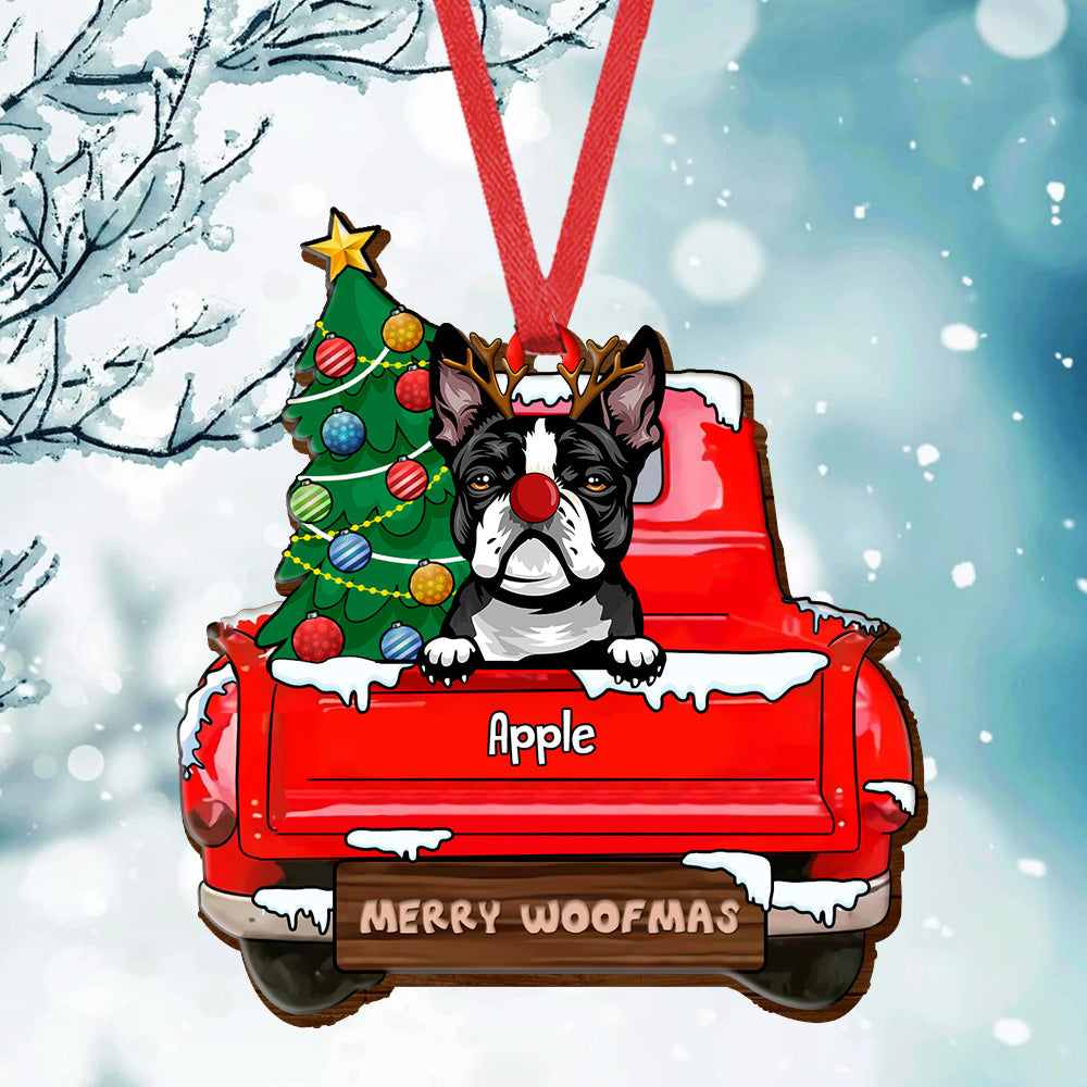 Personalized Dog Red Truck Christmas Wood Ornament Cutout, Customized Holiday Ornament AE