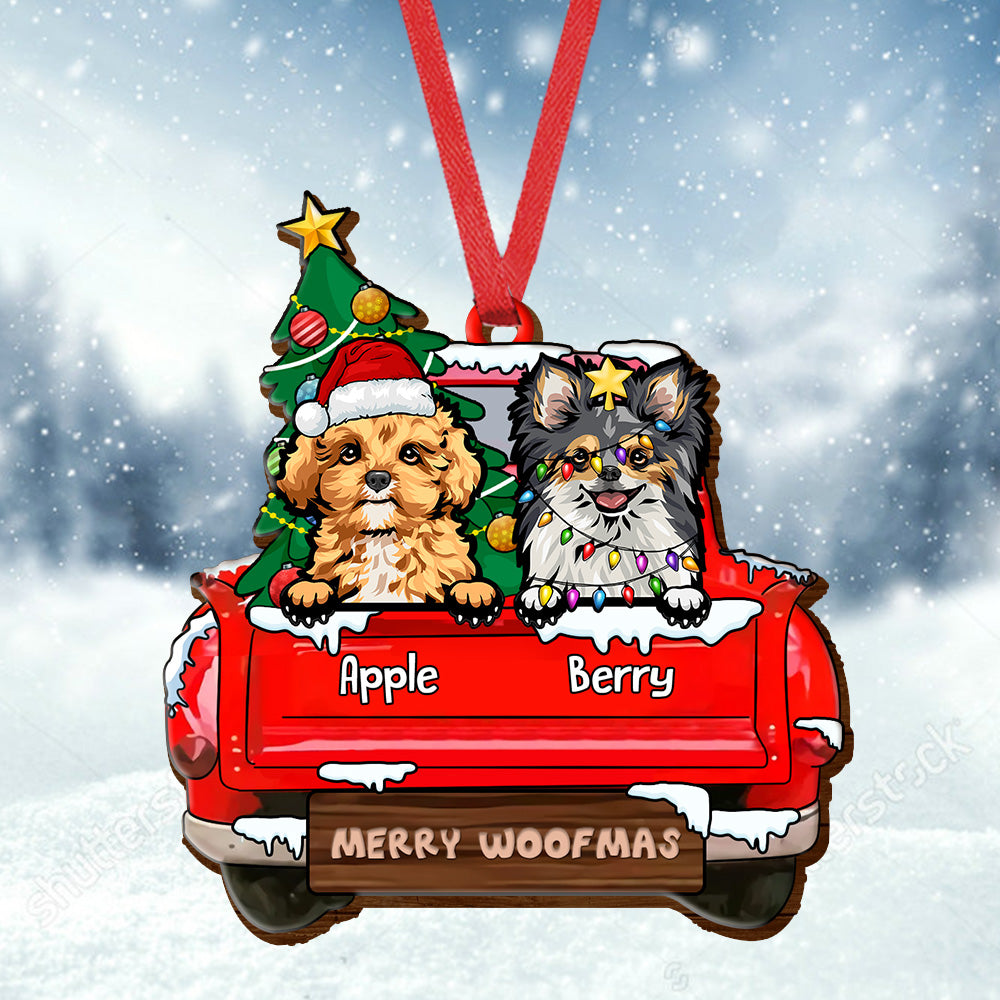 Personalized Dog Red Truck Christmas Wood Ornament Cutout, Customized Holiday Ornament AE