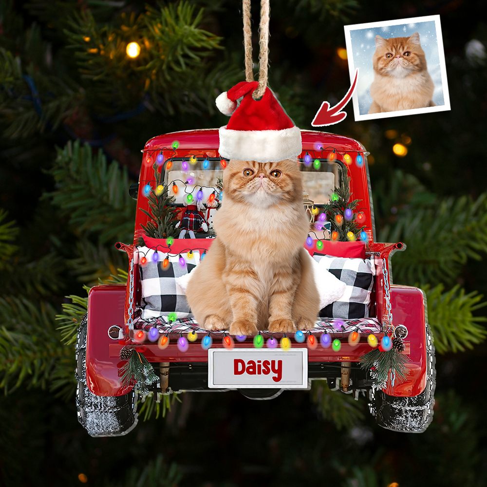 Upload Photo Dog Cat Christmas Red Truck Printed Acrylic Ornament, Customized Holiday Ornament AE
