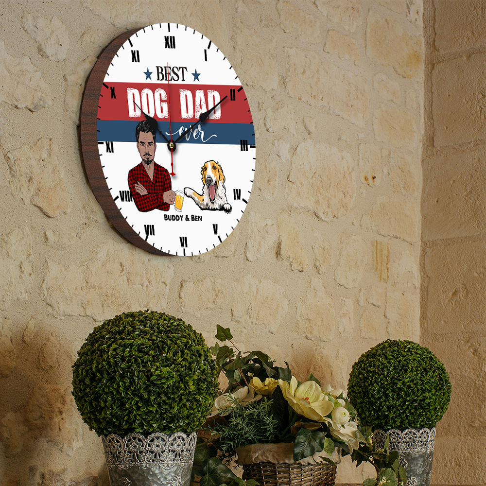 Personalized Best Dog Dad Ever Wall Wooden Clock, Gift For Dog Lovers AH