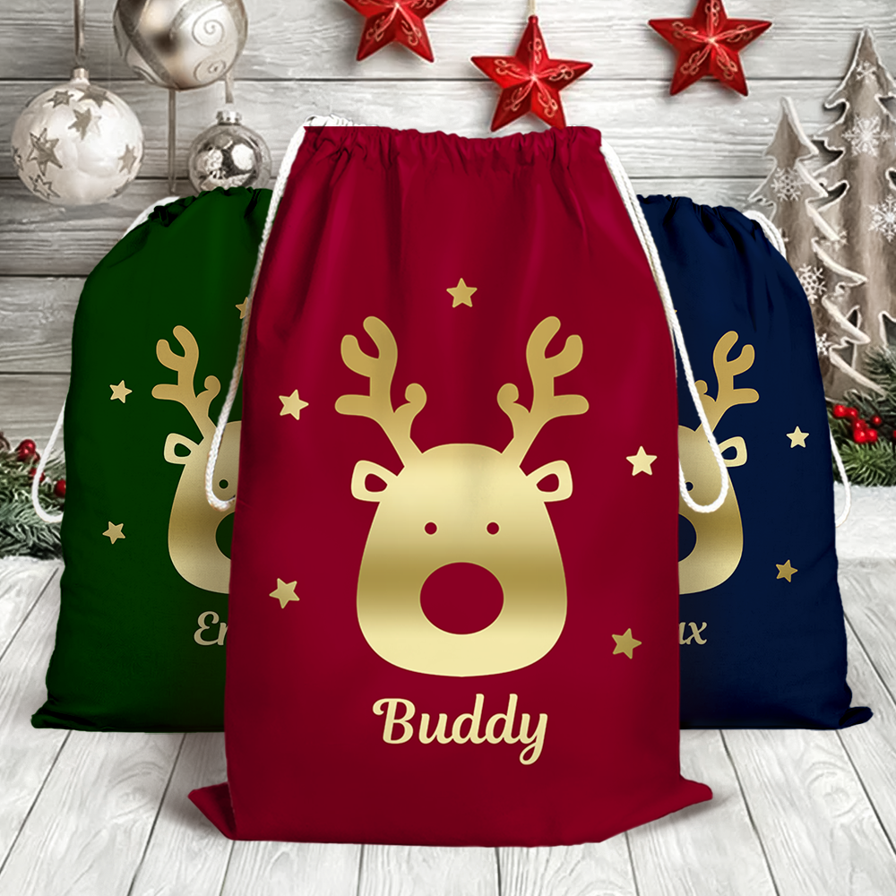 Custom Red With Reindeer Family Santa Sack, Christmas Gift AB