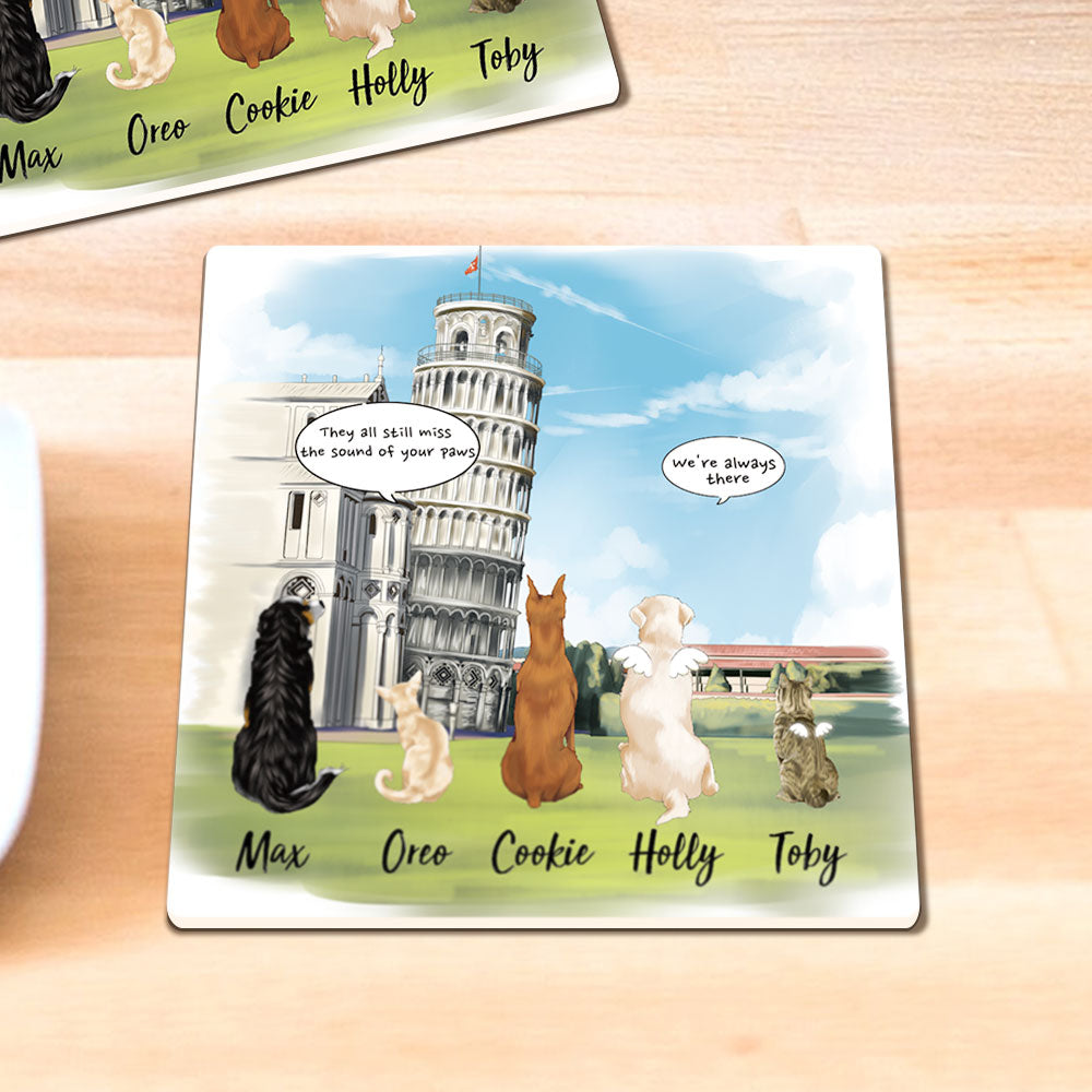 Pet Memorial Square Stone Coasters-Dog Cat Loss Gifts, Pisa Tower Background AZ