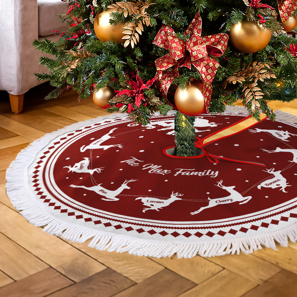 Custom Reindeer With Name Family Christmas Tree Skirt, Christmas Gift AB