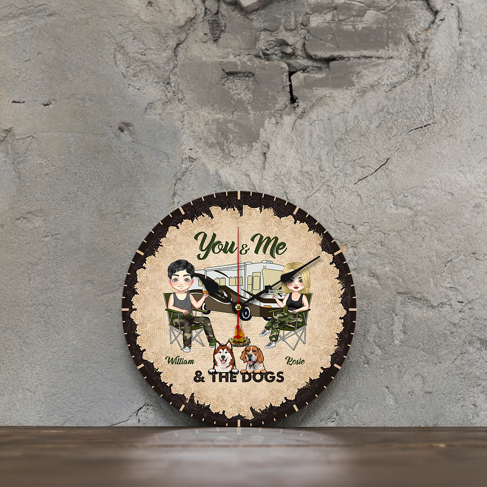 Personalized Camping Couple And The Dogs Wall Wooden Clock, Gift For Dog Lovers AH