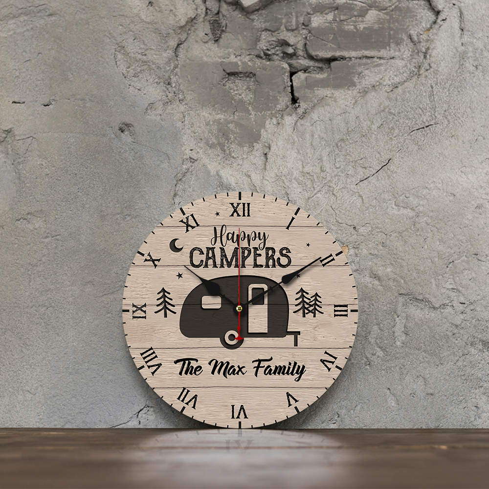 Custom Happy Campers Camping Wall Wooden Clock, Gift For Camper AH