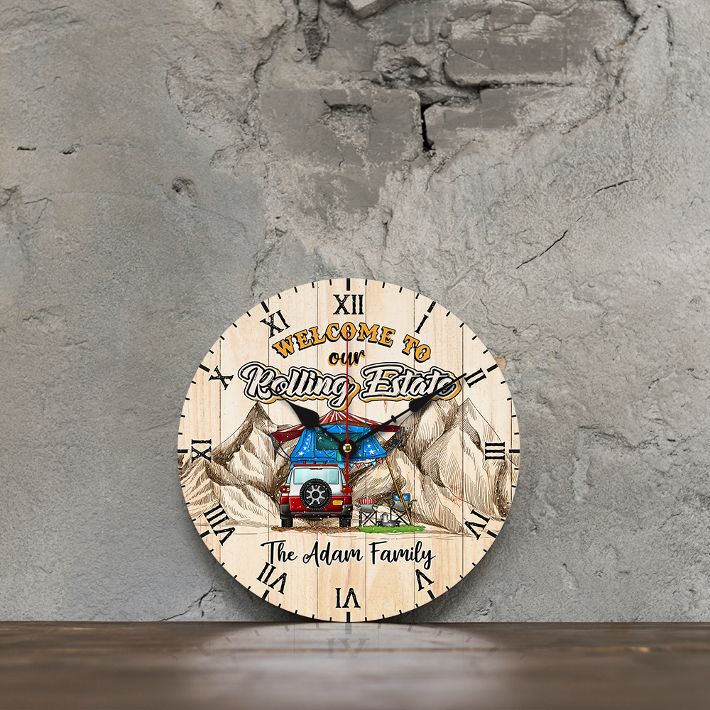 Personalized Welcome To Our Rolling Estate Camping Couple Wall Wooden Clock, Gift For Camping Lovers AH