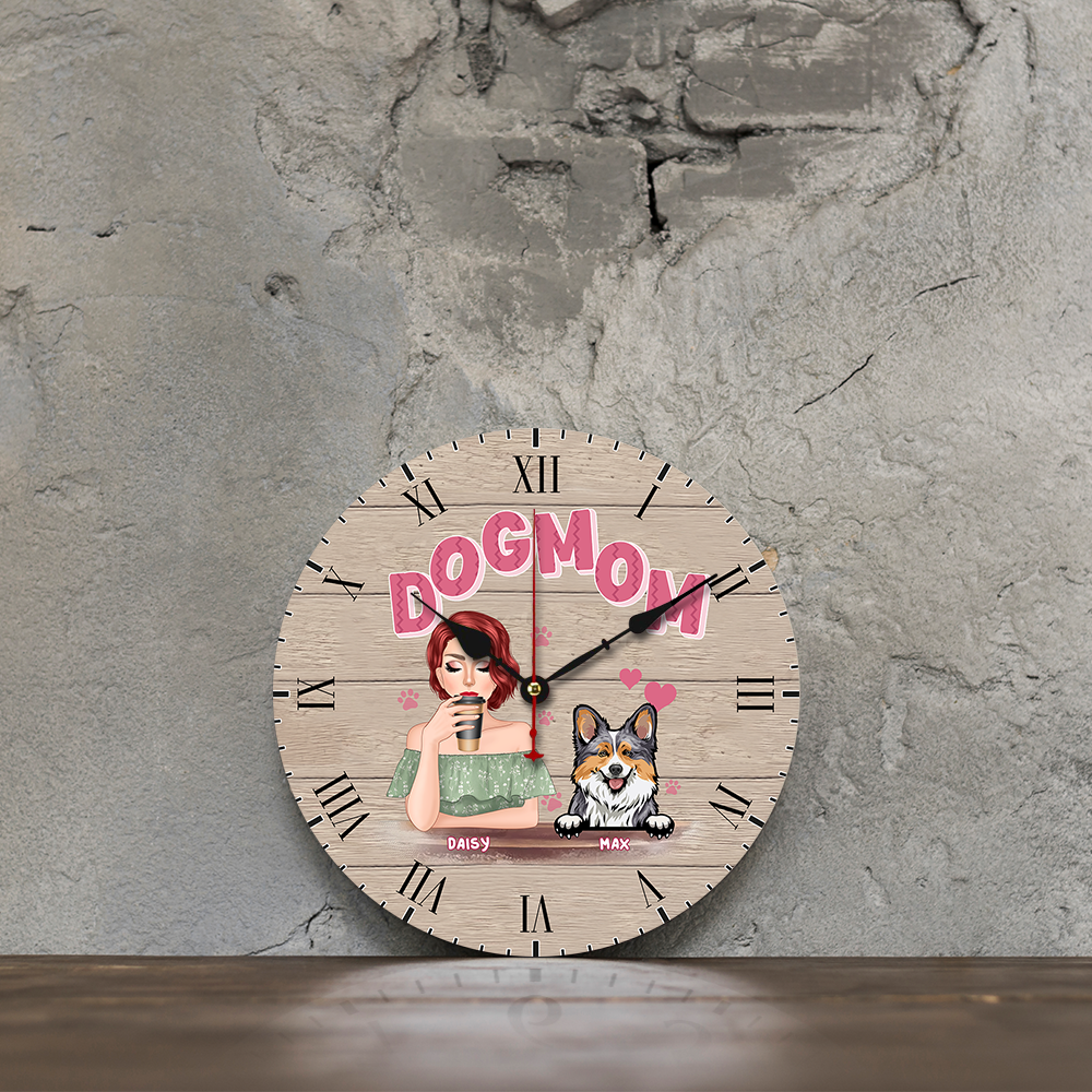 Personalized Dog Mom Wall Wooden Clock, Gift For Dog Lover AH
