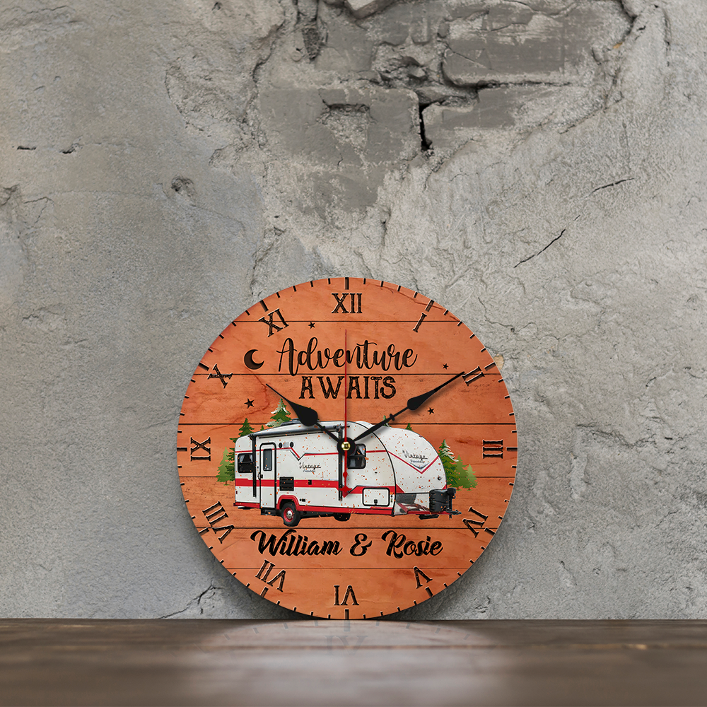 Custom RV Photo Happy Campers Camping Wall Wooden Clock, Gift For Camper AH