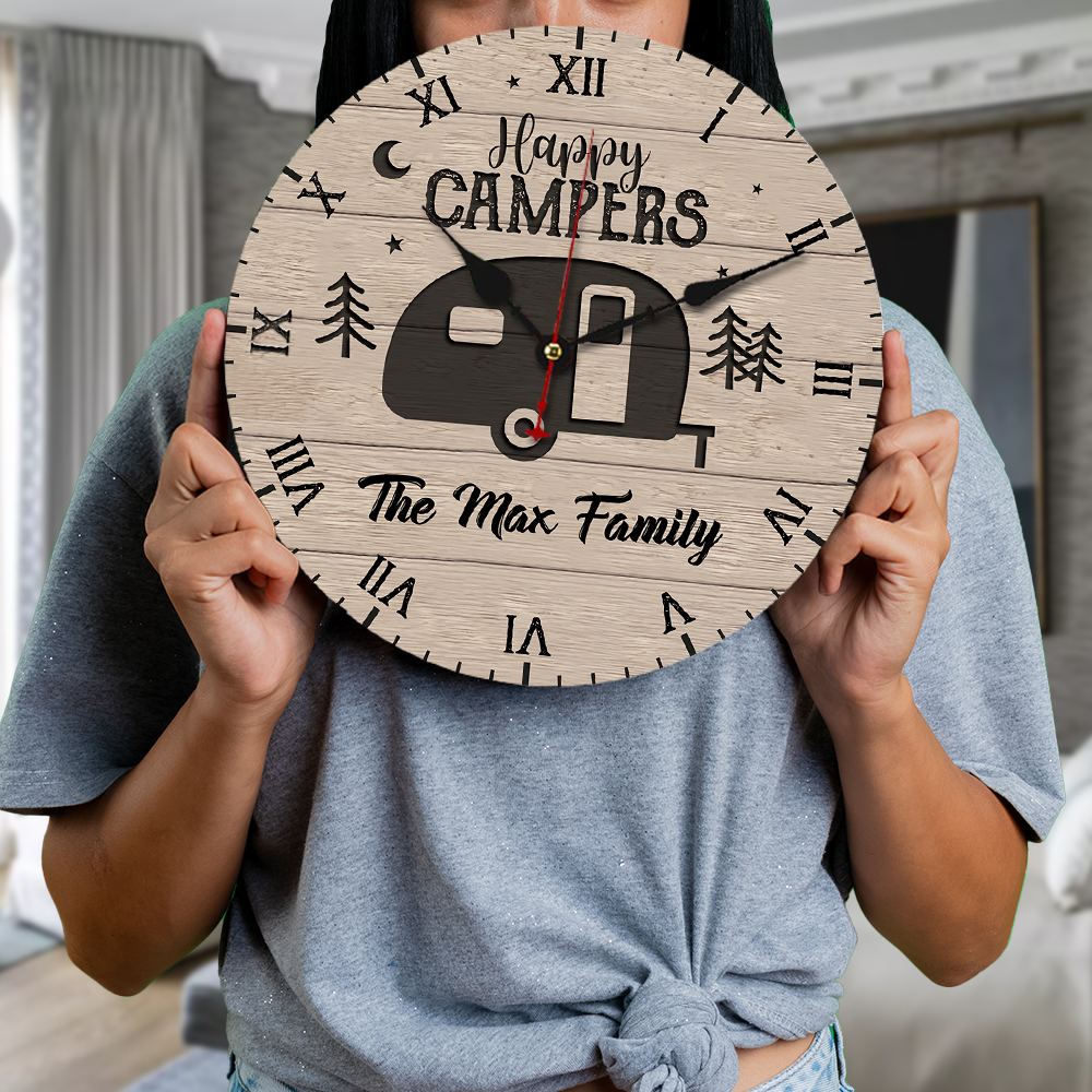Custom Happy Campers Camping Wall Wooden Clock, Gift For Camper AH