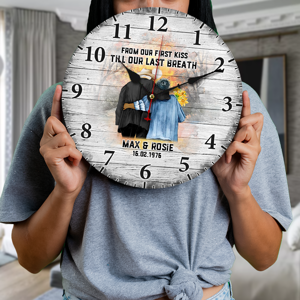 Personalized From First Kiss Till Last Breath Couple Wooden Clock, Anniversary Gift For Mom Dad AH