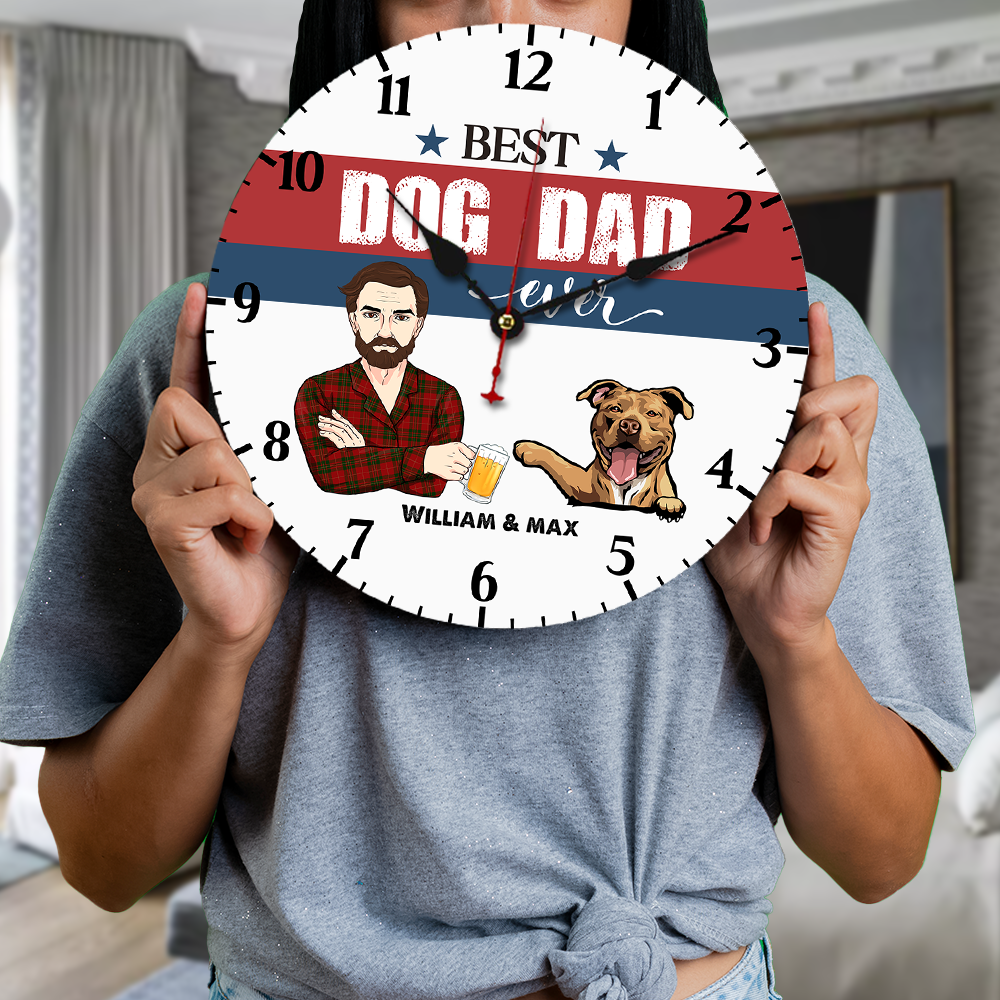 Personalized Best Dog Dad Ever Wall Wooden Clock, Gift For Dog Lovers AH