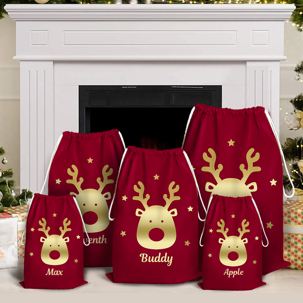 Custom Red With Reindeer Family Santa Sack, Christmas Gift AB