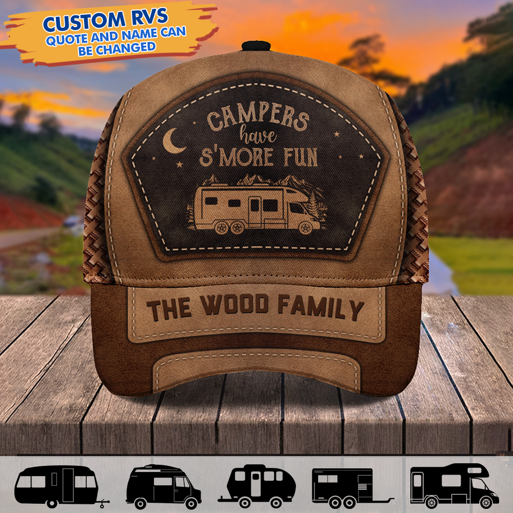 Custom RV Leather Pattern Camping Cap, Gifts For Camping Lover JonxiFon