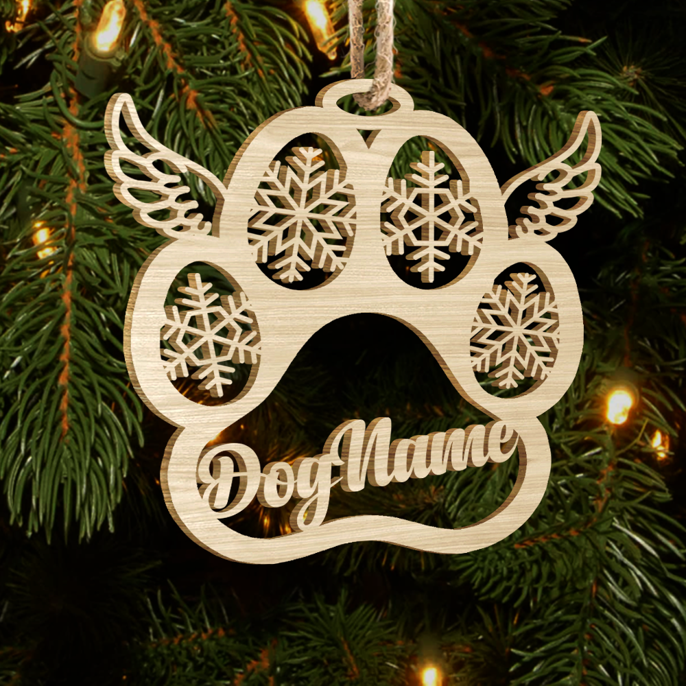 Paw With Name Pet Wood Ornament Cutout, Dog Cat & Angel Wings AE
