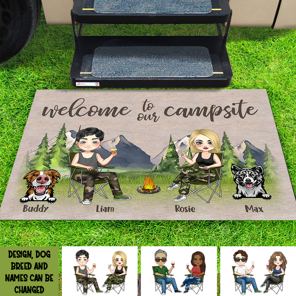 Personalized Happy Campers Husband Wife And Dogs House Doormat, Gift For Camping Couple AB