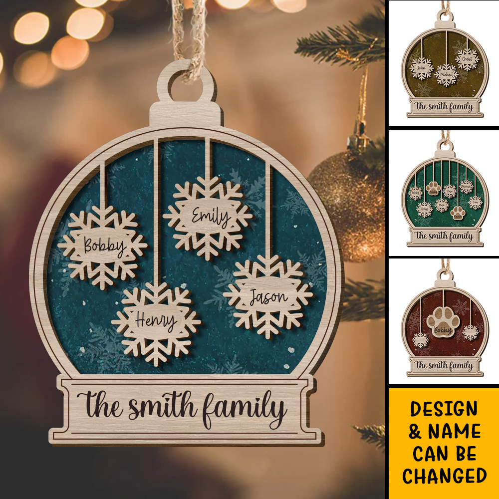 Personalized Dog Lover Family Snow Globe Shaped 2 Layered Wood Christmas Ornament AE