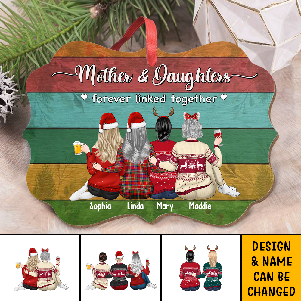 Personalized Mother & Daughters Forever Linked Together Benelux Shaped Wood Christmas Ornament AE