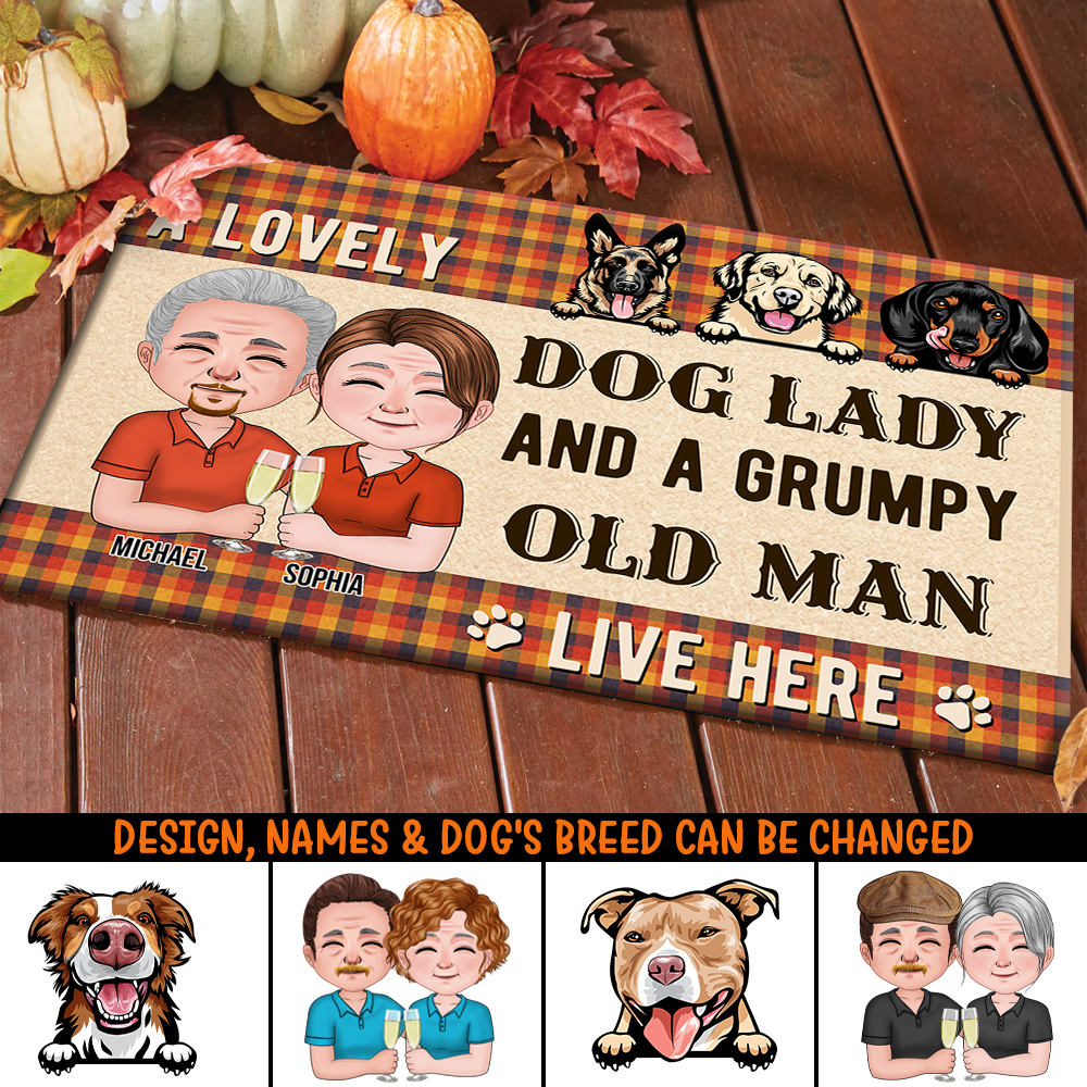 Personalized Crazy Dog Lady And Grumpy Old Man Live Here Doormat, Dog Lover Gift AB