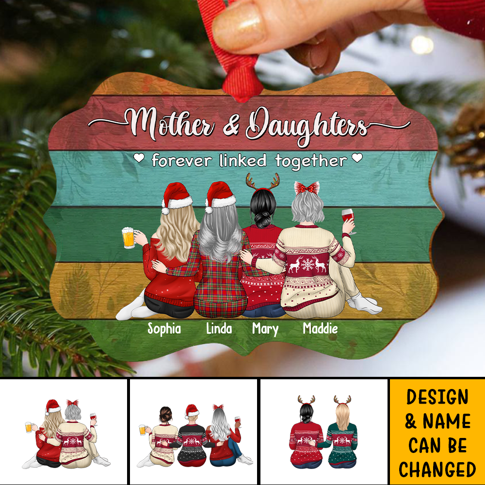 Personalized Mother & Daughters Forever Linked Together Benelux Shaped Wood Christmas Ornament AE