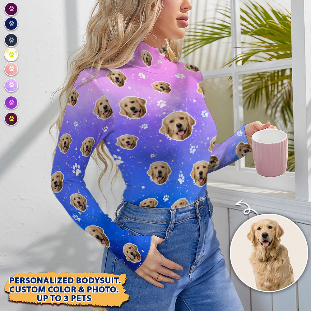 Personalized Dog Face Photo Galaxy Pattern Long Sleeve Bodysuit, Dog Cat Lover Gifts JonxiFon
