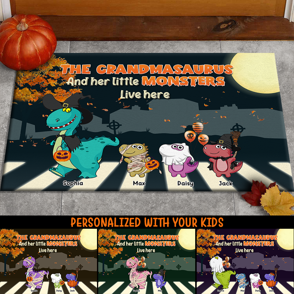 Personalized Grandma And Kids Dinosaur Halloween Doormat AB