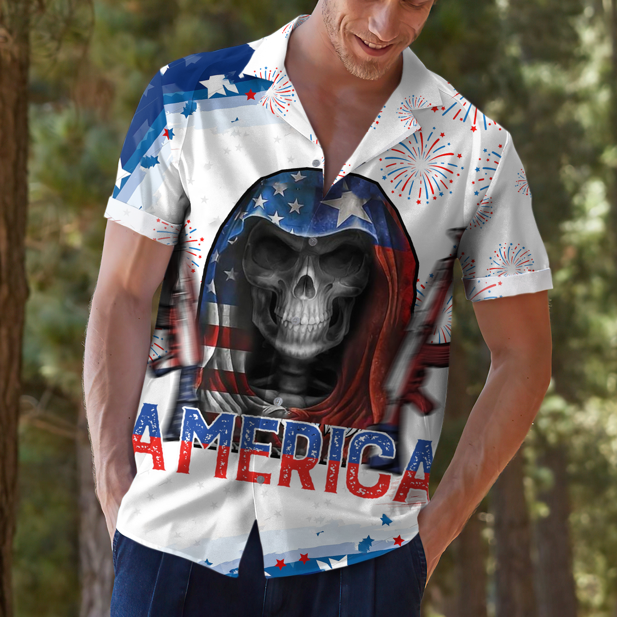 Skull Firework Independence Day- Hawaiian T Shirt, Perfect Gift For Skull Lover, 4th Of July Hawaiian Shirt AI