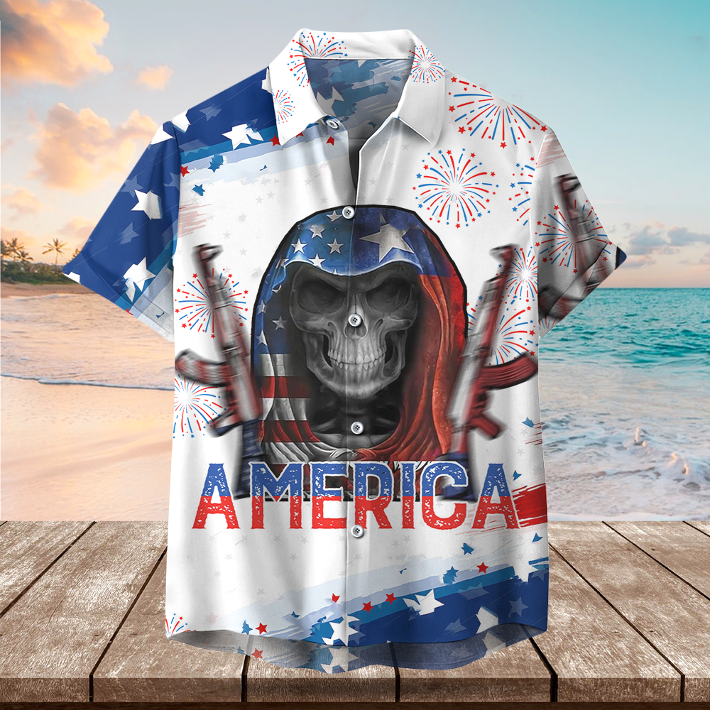 Skull Firework Independence Day- Hawaiian T Shirt, Perfect Gift For Skull Lover, 4th Of July Hawaiian Shirt AI