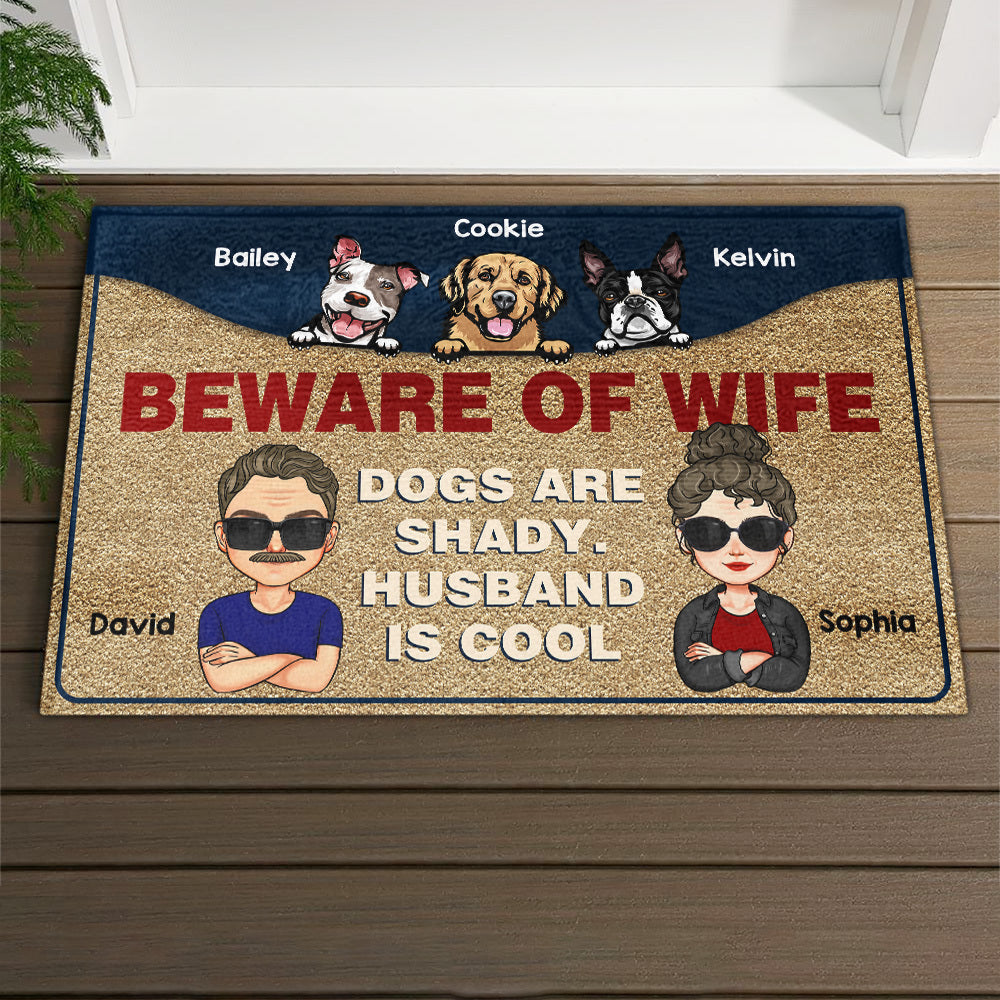 Personalized Beware Of Wife Dogs And Husband Is Cool House Doormat AB