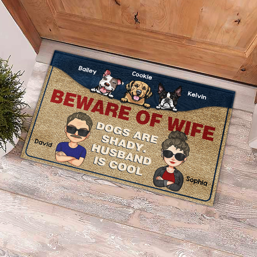 Personalized Beware Of Wife Dogs And Husband Is Cool House Doormat AB
