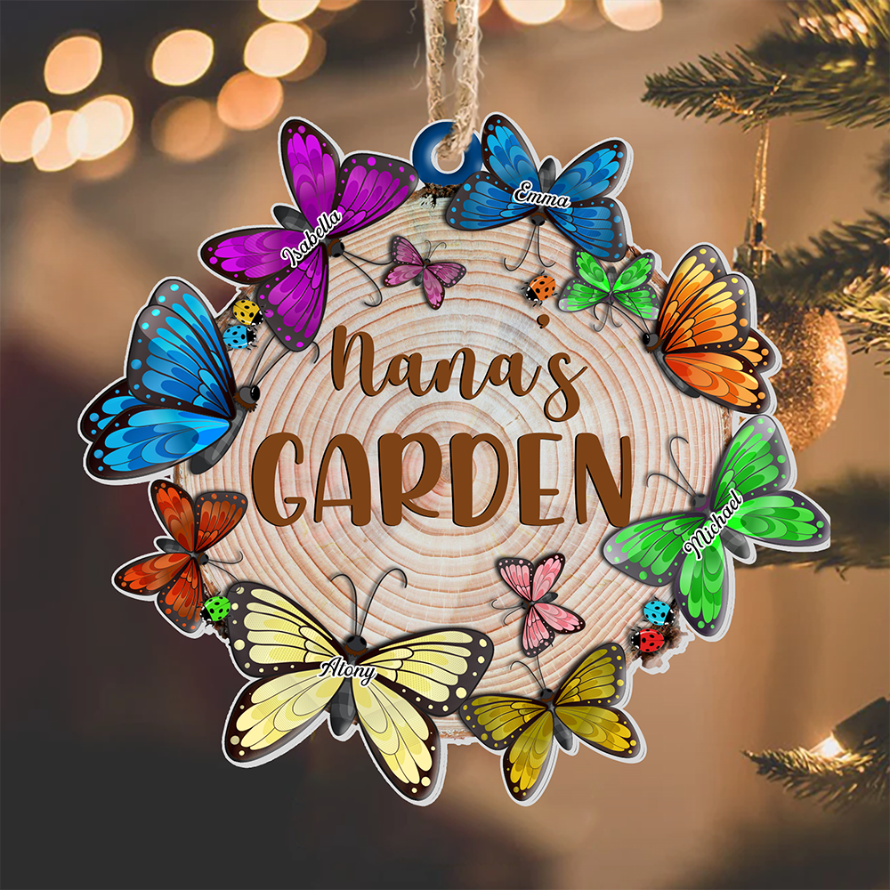 Grandma Nana Butterflies Garden Acrylic Custom Shaped Christmas Ornament, Gift For Grandma, Mom - Personalized Shaped Wood Sign AE