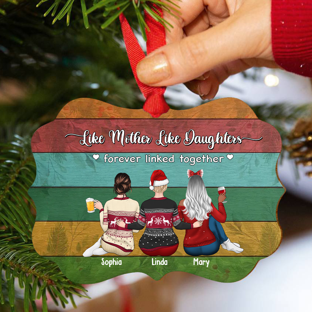 Personalized Mother & Daughters Forever Linked Together Benelux Shaped Wood Christmas Ornament AE